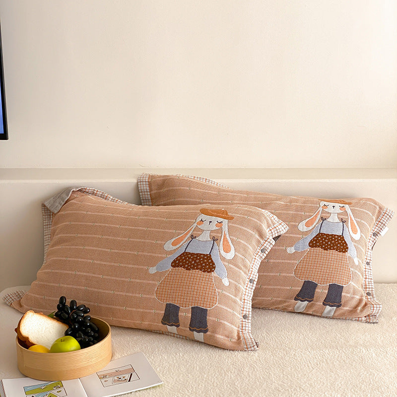 Kids' pillowcases with cute bear applique and checkered muslin look