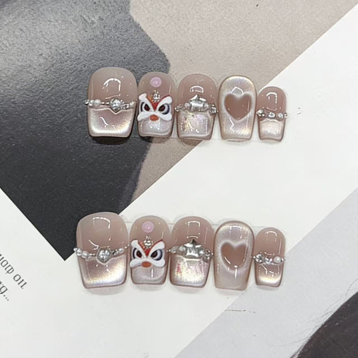 Artistic Press-On Nail Art Set with Heart and Gem Accents Kalsten