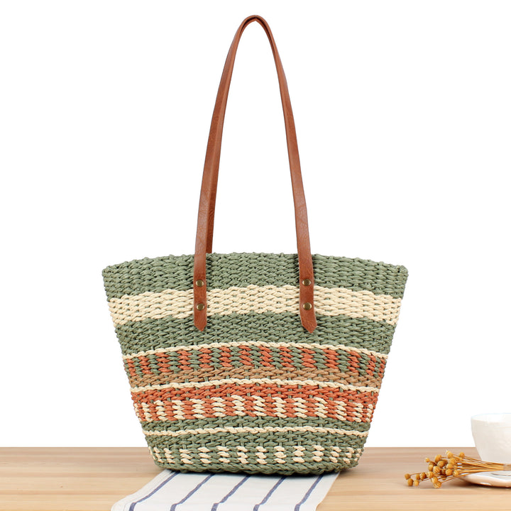 Tote bag made of braided natural material with elegant leather handles Kalsten