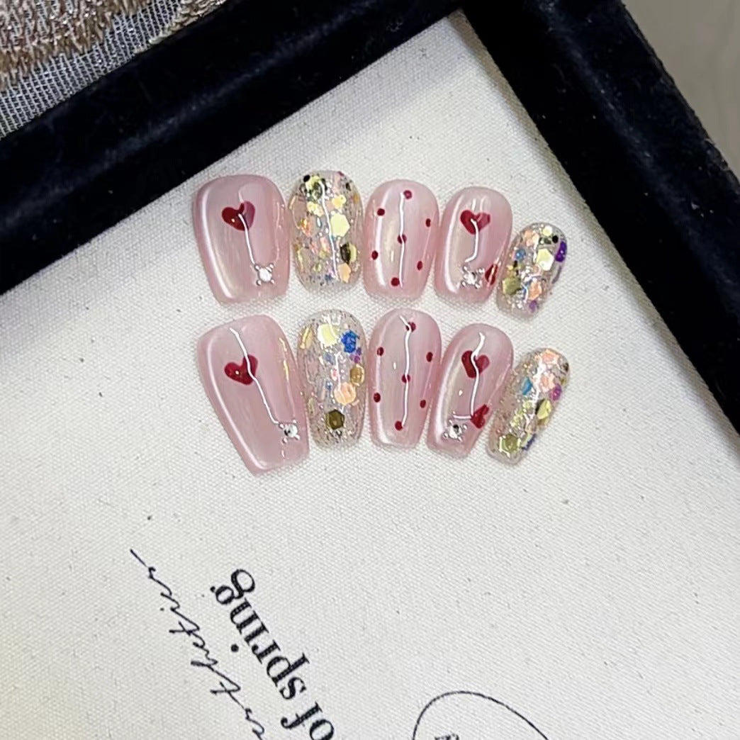 Decorative Press-On Nail Art Set with Heart and Glitter Designs Kalsten