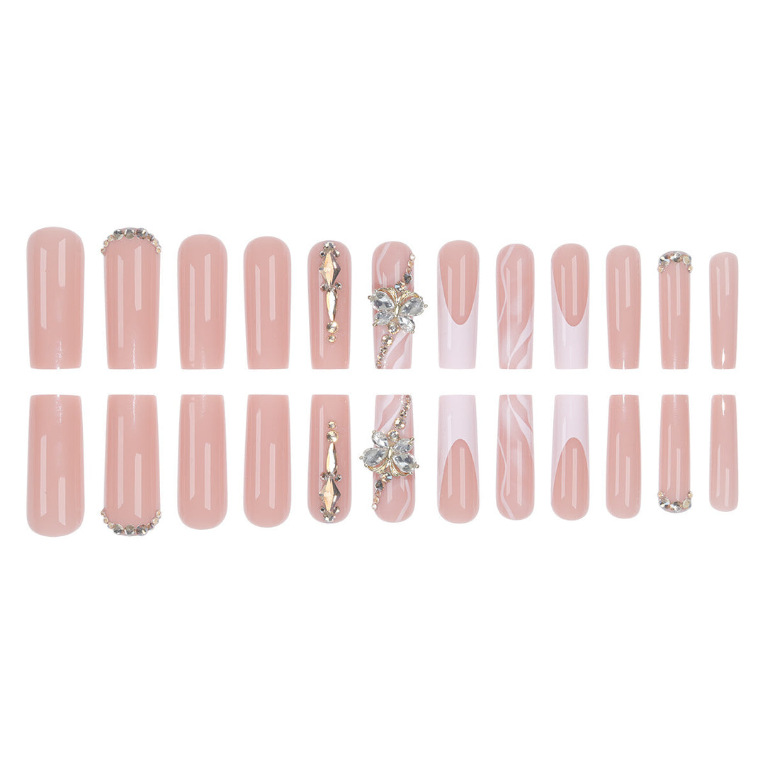 Elegant Long Press-On Nail Set with Decorative Gem and Floral Accents Kalsten
