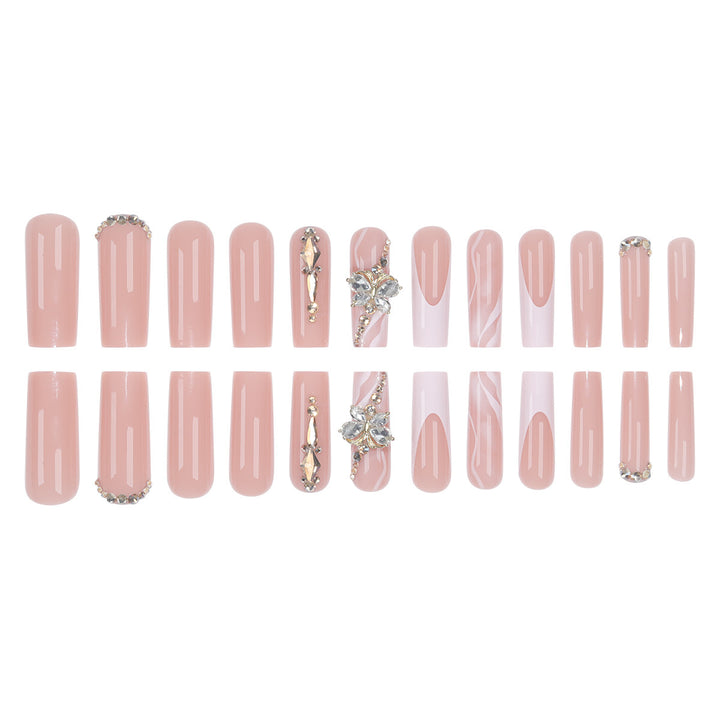 Elegant Long Press-On Nail Set with Decorative Gem and Floral Accents Kalsten