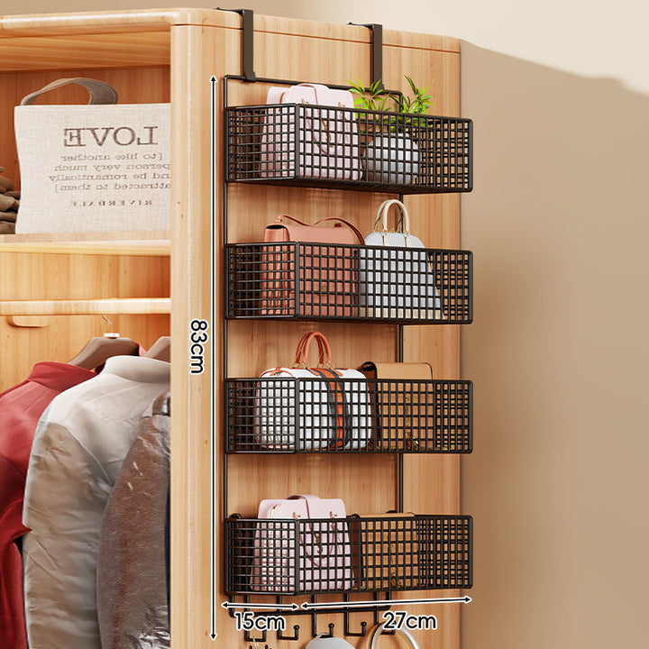 Over-Door Four-Tier Metal Mesh Hanging Storage Organizer with Integrated Hooks