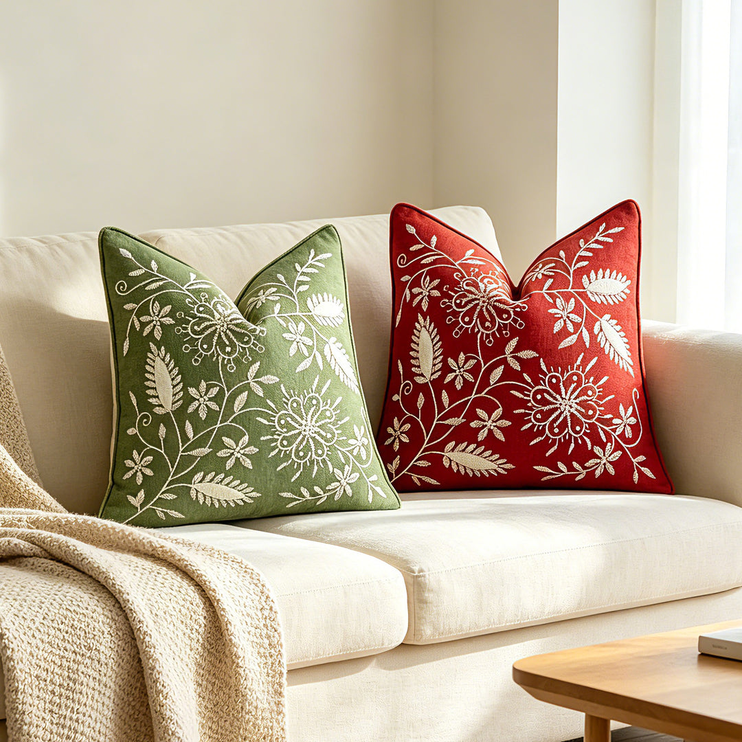 Embroidered Linen Throw Pillow Cover with Floral Motif