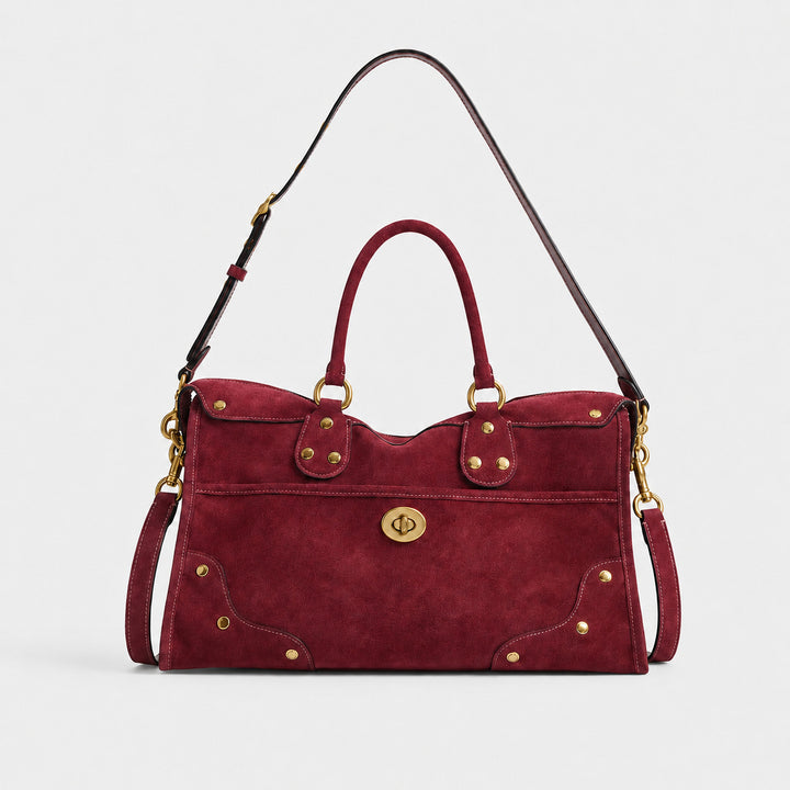 Elegant Suede Handbag with Brass Accents