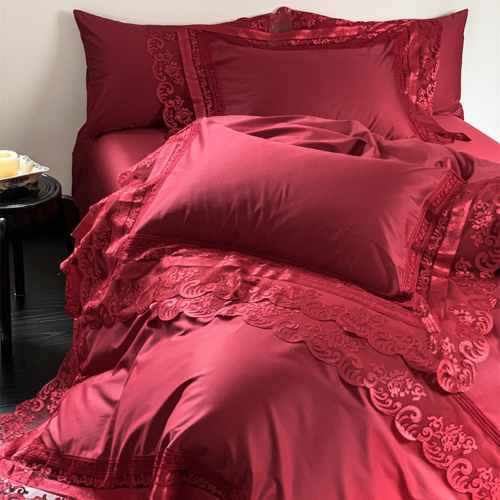 Extravagant satin bedding set with lace appliqué and pillowcases