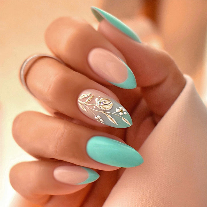 Artisan Press-On Nail Set with Elegant Leaf Patterns kalsten