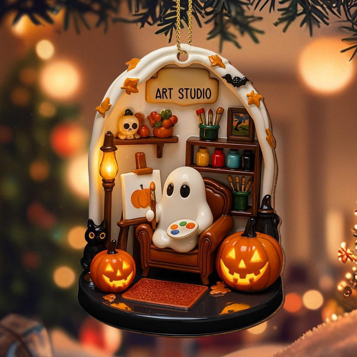 Hanging Halloween decoration pendant made of resin with ghost knitting and LED lighting