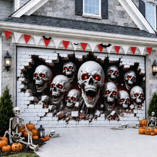 Large-format Halloween photo background made of weatherproof polyester with grommeted fastening edge and bright Haunted House motif