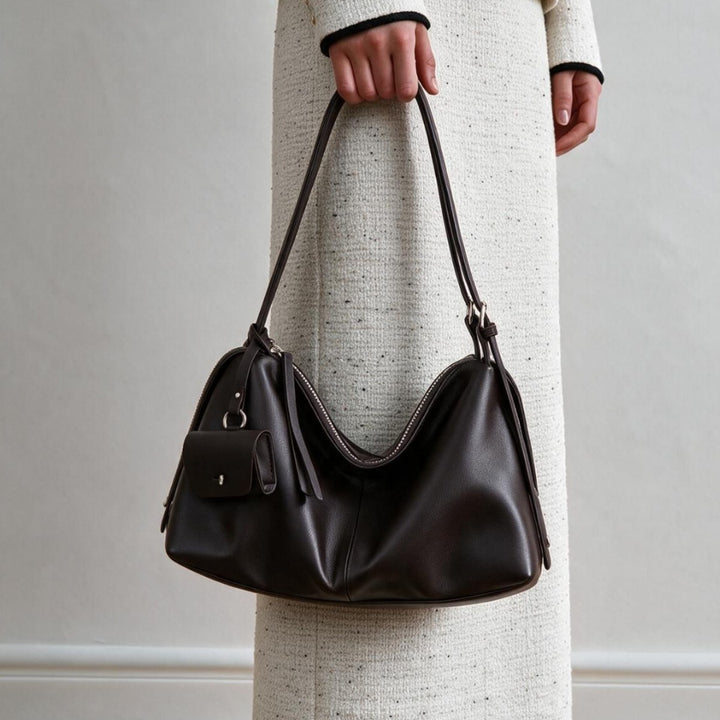 Slouchy Pebbled Hobo Shoulder Bag with Top Zip and Detachable Mini Pouch