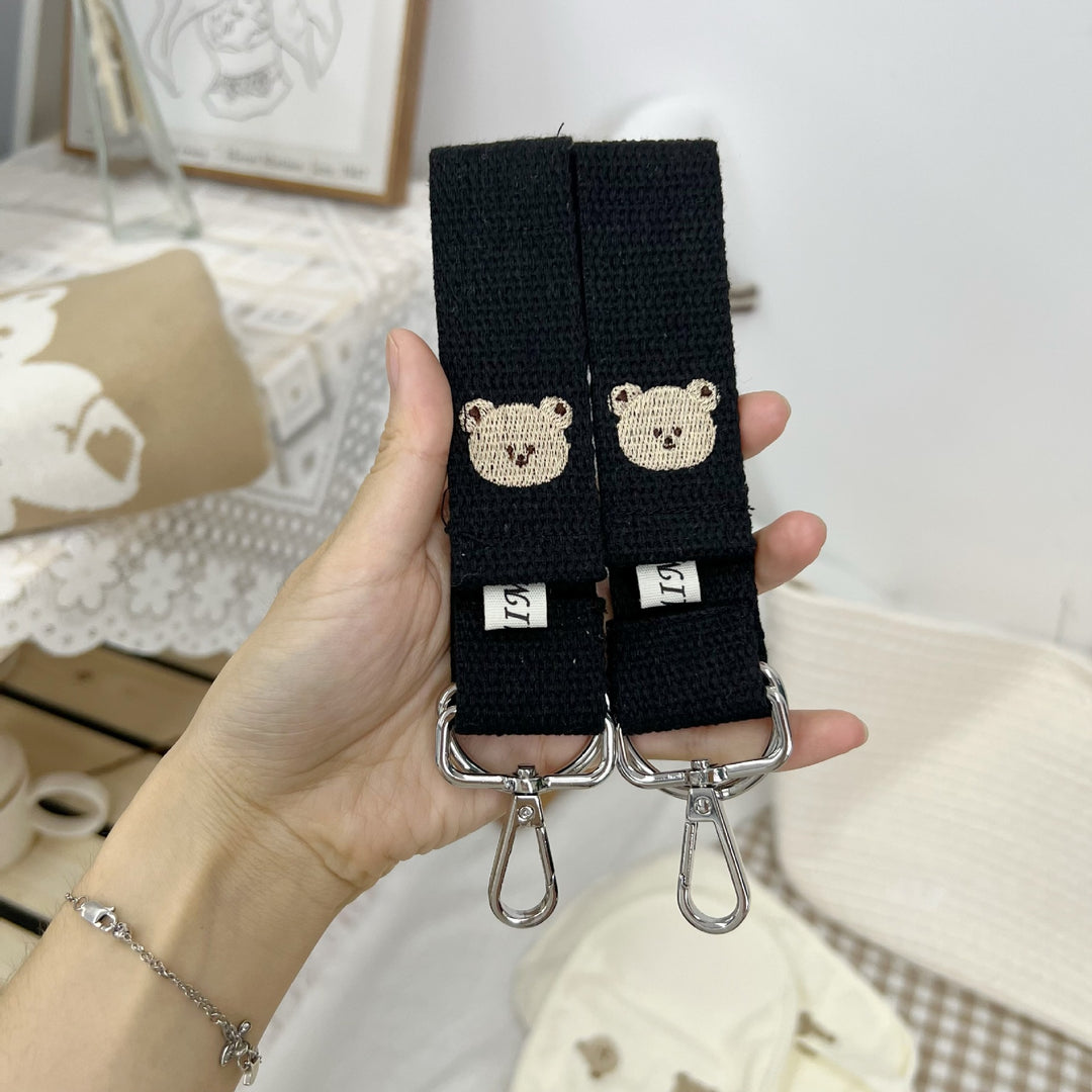 Detachable Woven Bag Strap with Embroidered Bear and Silver Swivel Clips