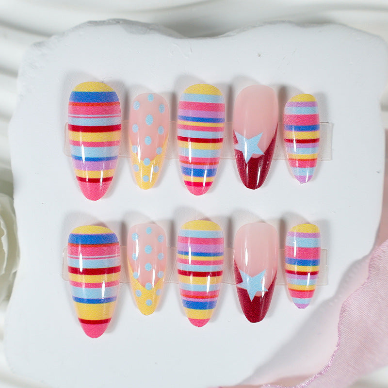 Artificial nail set with colorful stripes and creative designs Kalsten