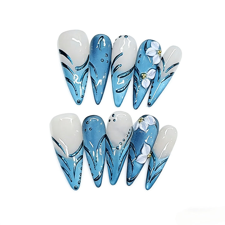 Artistic Press-On Nail Set with Floral and Wave Design Kalsten