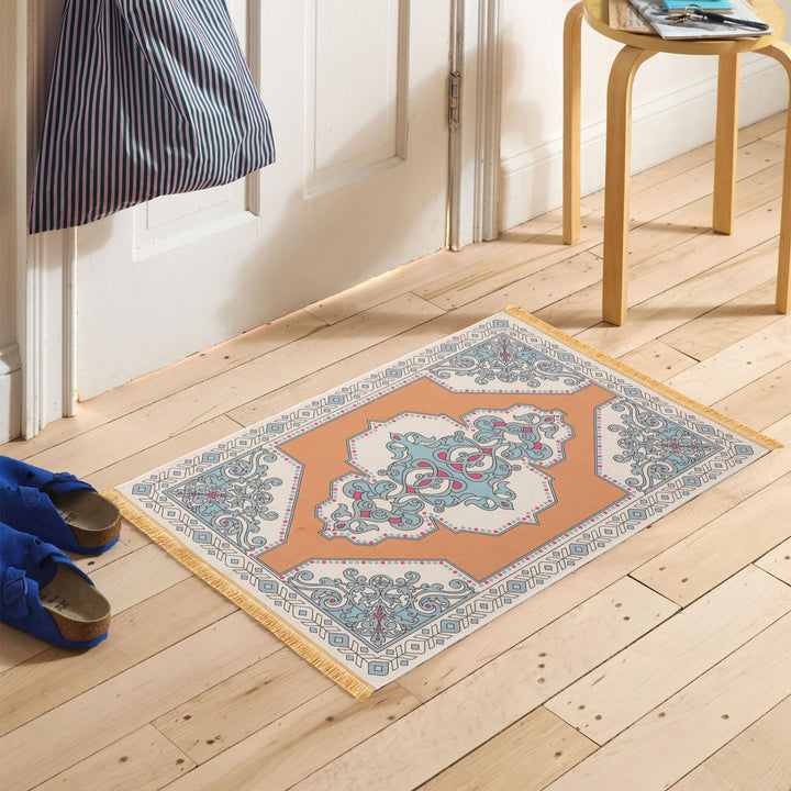 Woven oriental carpet runner with fringes and intricate medallion pattern Kalsten