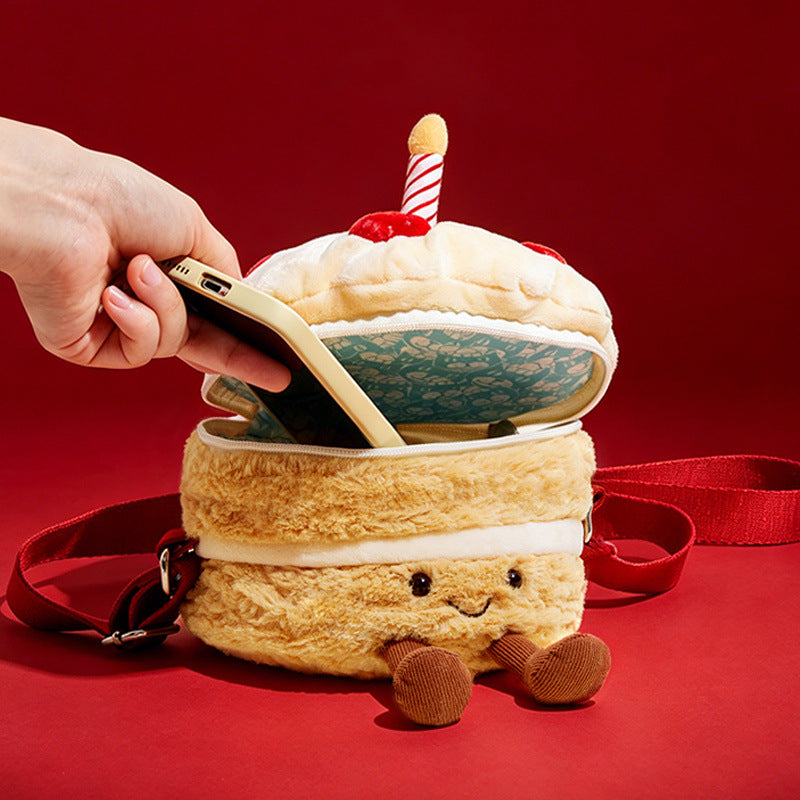 Plush Layered Cake Crossbody Bag with Strawberry Appliques & Candle Topper Kalsten