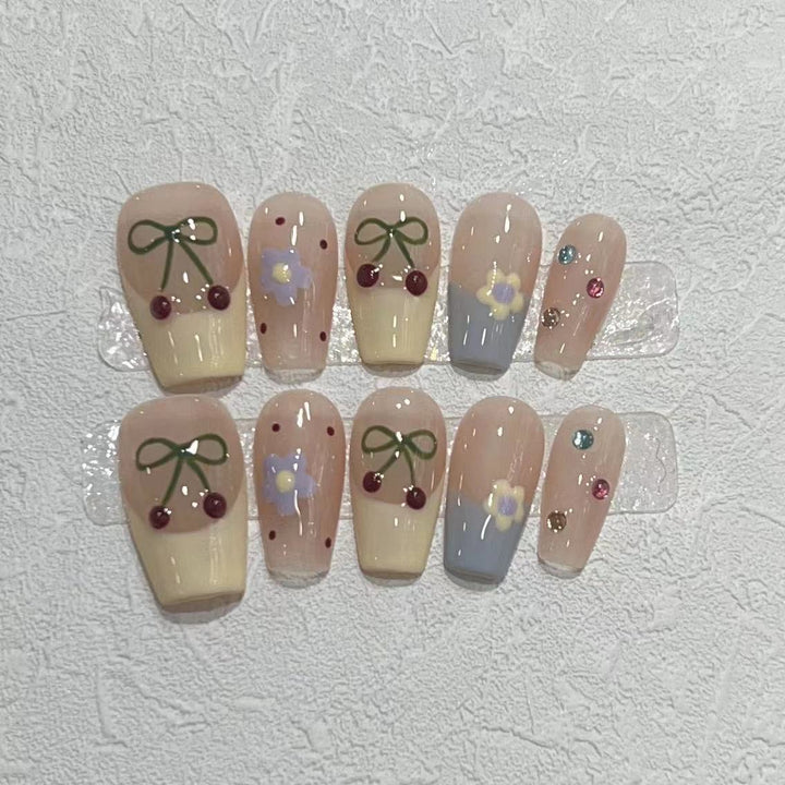 Charming Decorative Press-On Nail Set with Cherry and Floral Designs Kalsten