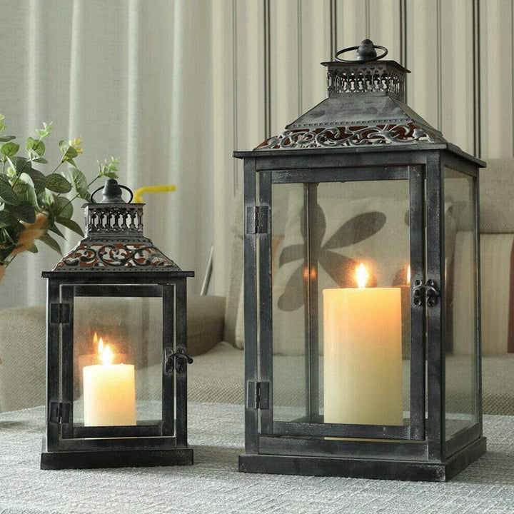 Ornate Distressed Wooden and Metal Glass-Paneled Decorative Lantern Kalsten