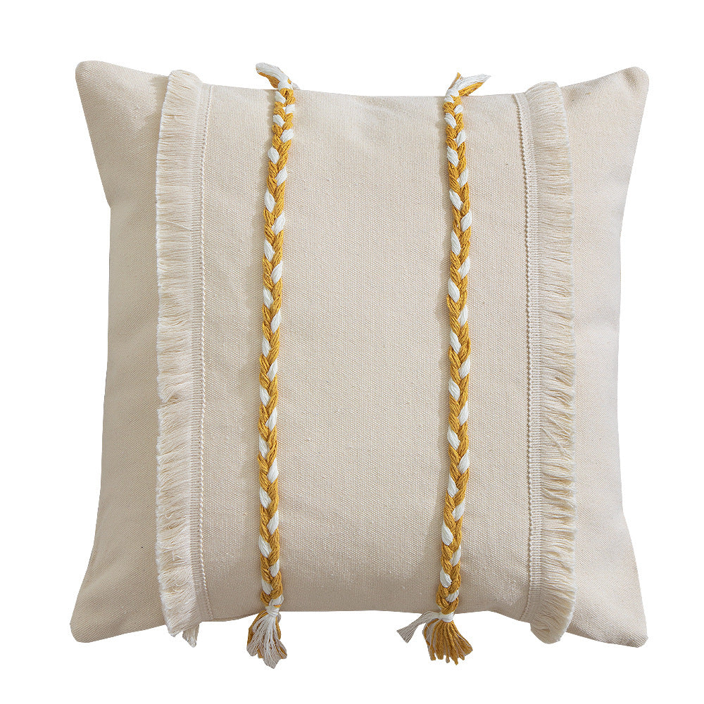 Decorative rectangular cotton cushion cover with woven trims and fringes Kalsten