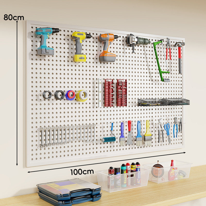 Wall-Mounted Perforated Metal Tool Pegboard Organizer Panel with Modular Hooks and Wire Baskets