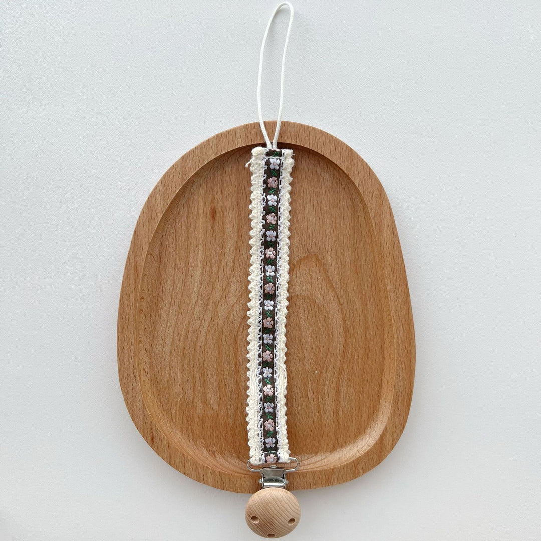 Floral Embroidered Lace Pacifier and Teether Wooden Clip