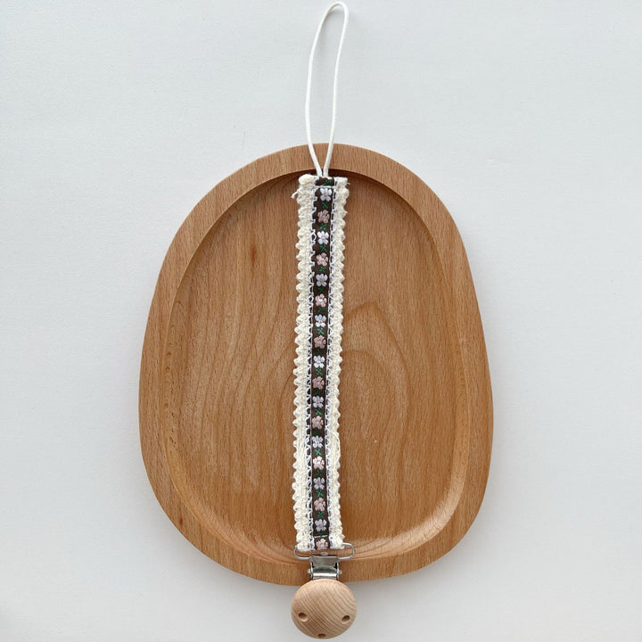 Floral Embroidered Lace Pacifier and Teether Wooden Clip