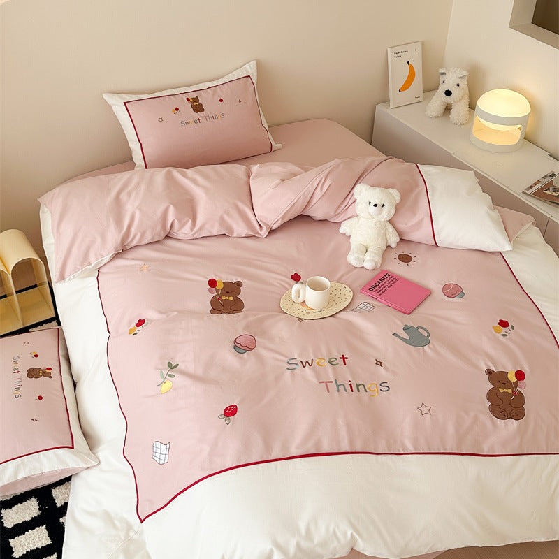 Cotton satin bedding set with delicate cherry embroidery and reversible function