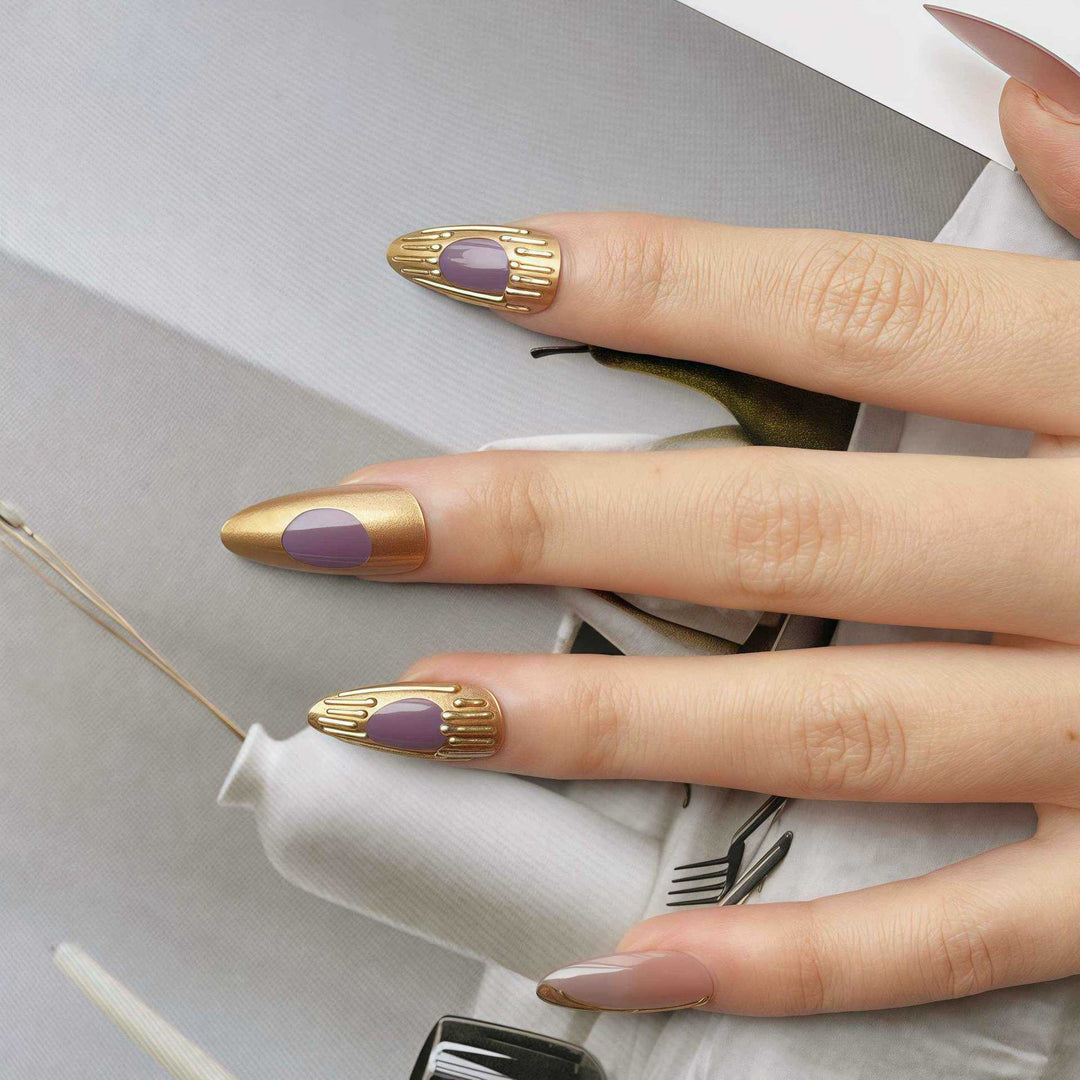 Artistic Press-On Nail Set with Gold and Purple Accents Kalsten