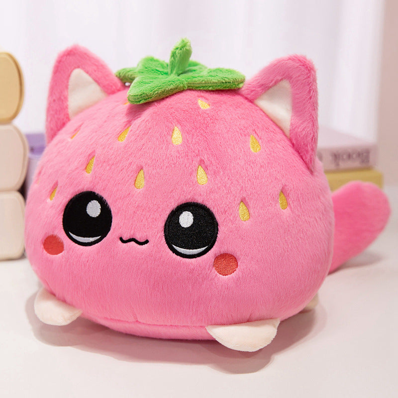 Round Strawberry Cat Plush Cushion with Embroidered Face Leaf Top & Soft Bean-Fill Kalsten