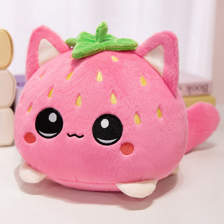 Round Strawberry Cat Plush Cushion with Embroidered Face Leaf Top & Soft Bean-Fill Kalsten
