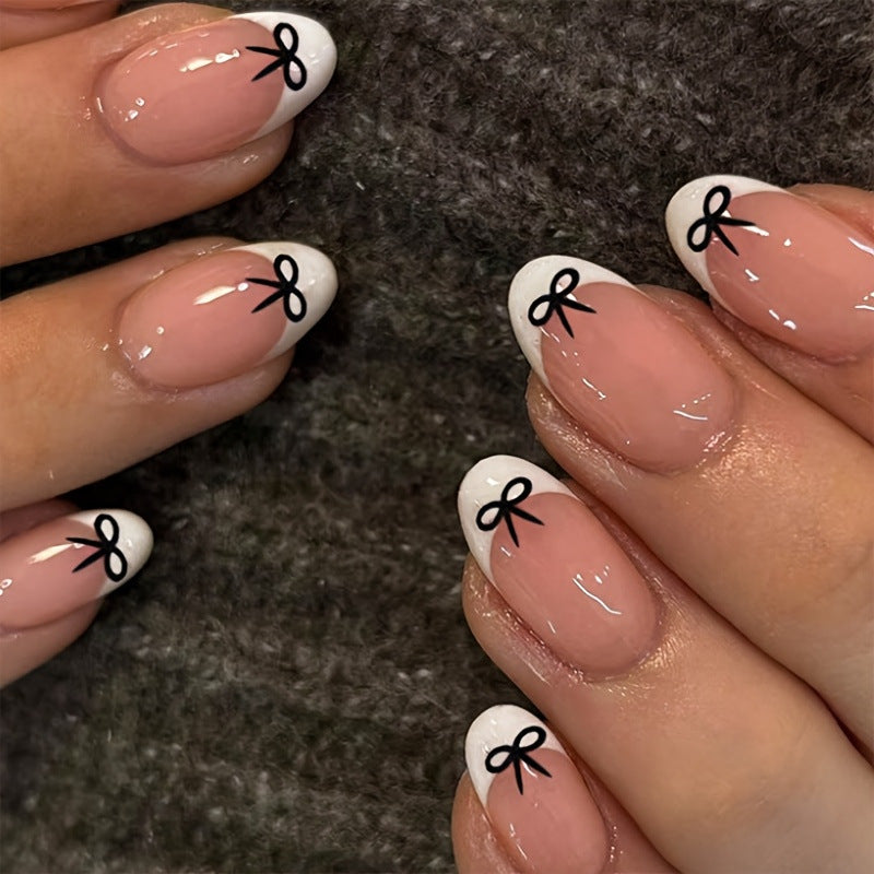 Stylish French Tip Press-On Nails with Bow Design Kalsten