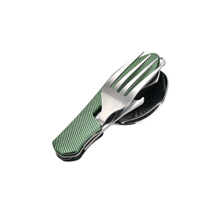 folding stainless steel camping cutlery set with textured grip locking hinge and compact travel clip Kalsten