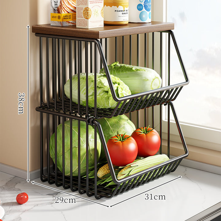 Countertop Wooden Top Metal Wire Fruit and Vegetable Storage Rack