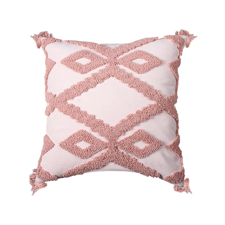 Decorative Boho Textured Lumbar Throw Pillow with Zigzag Tufted Crochet and Knotted Fringe