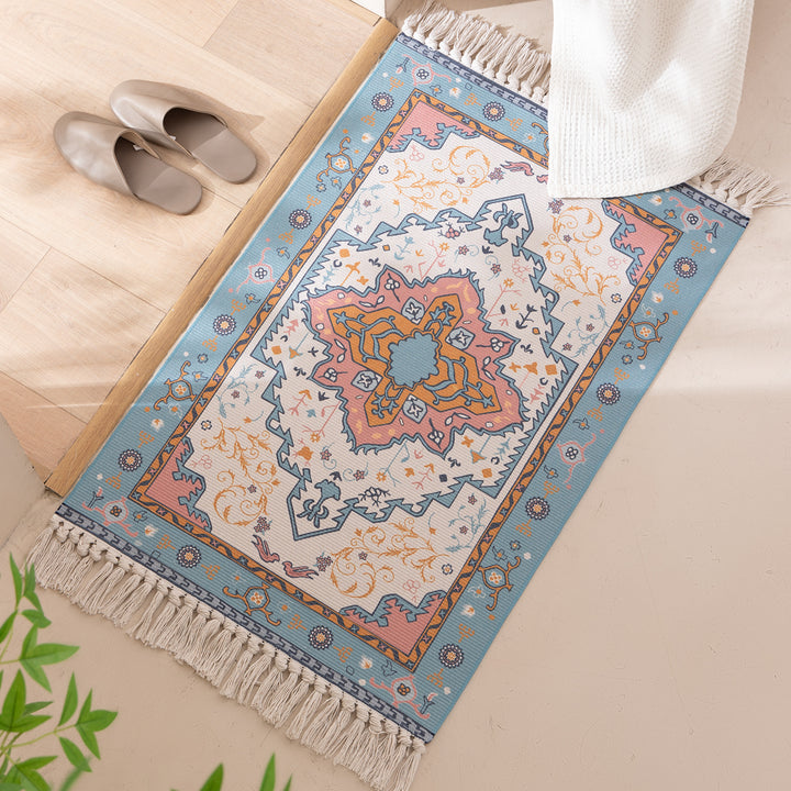 Woven oriental carpet runner with fringes and intricate medallion pattern Kalsten