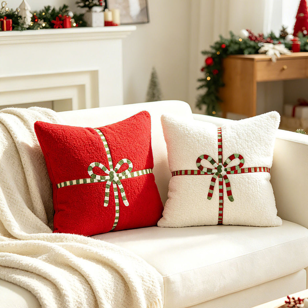 Decorative Sherpa Throw Pillow with Embroidered Ribbon Bow Accent