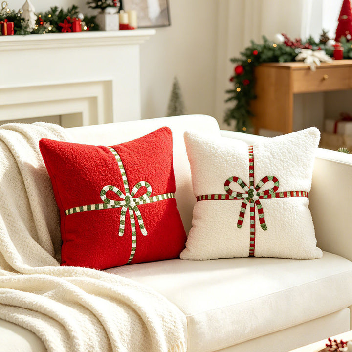 Decorative Sherpa Throw Pillow with Embroidered Ribbon Bow Accent