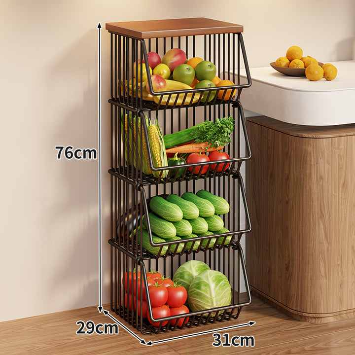 Compact Triple-Tier Rolling Wire Vegetable and Fruit Storage Cart with Wooden Top