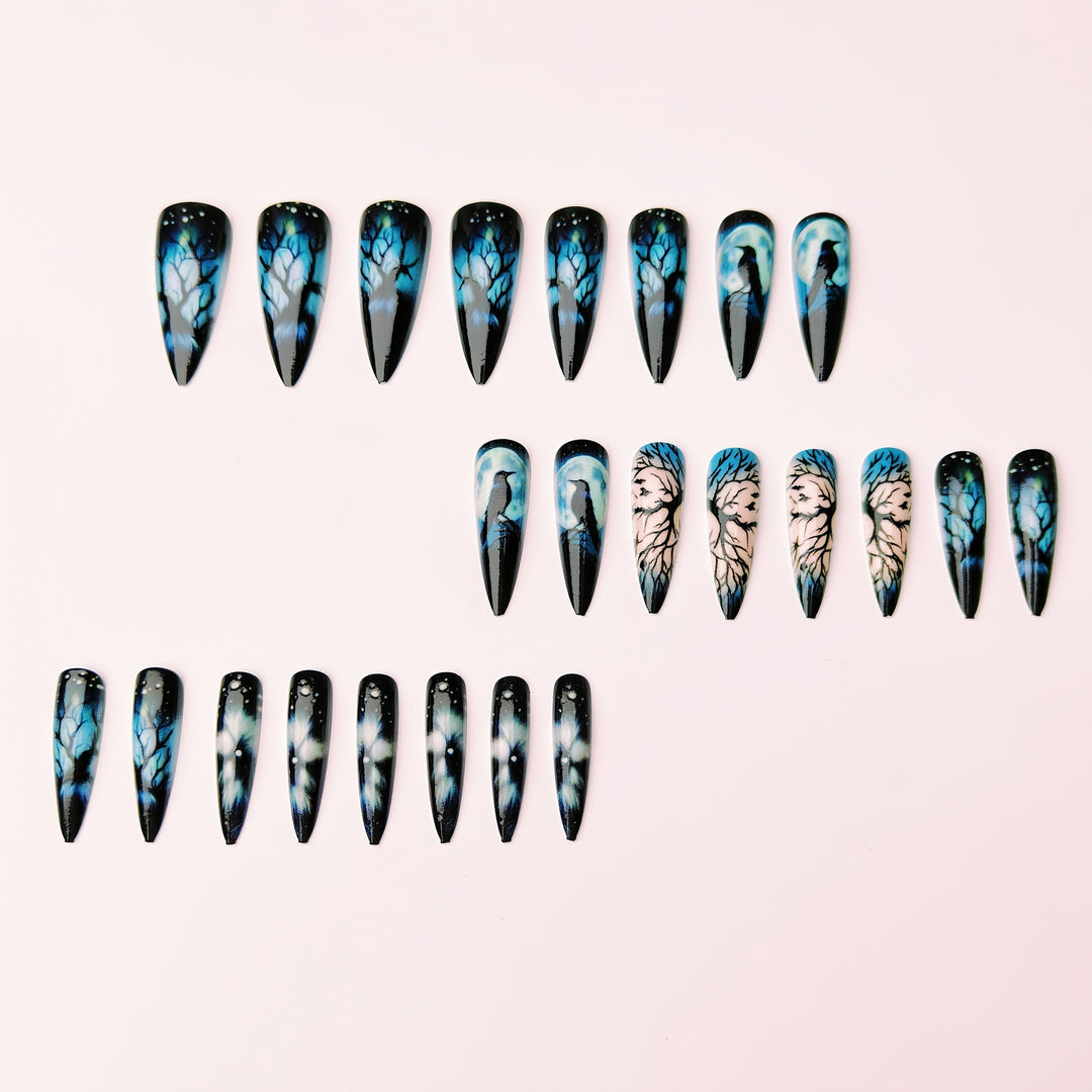Creative artificial nails with mystical moon and crow design Kalsten