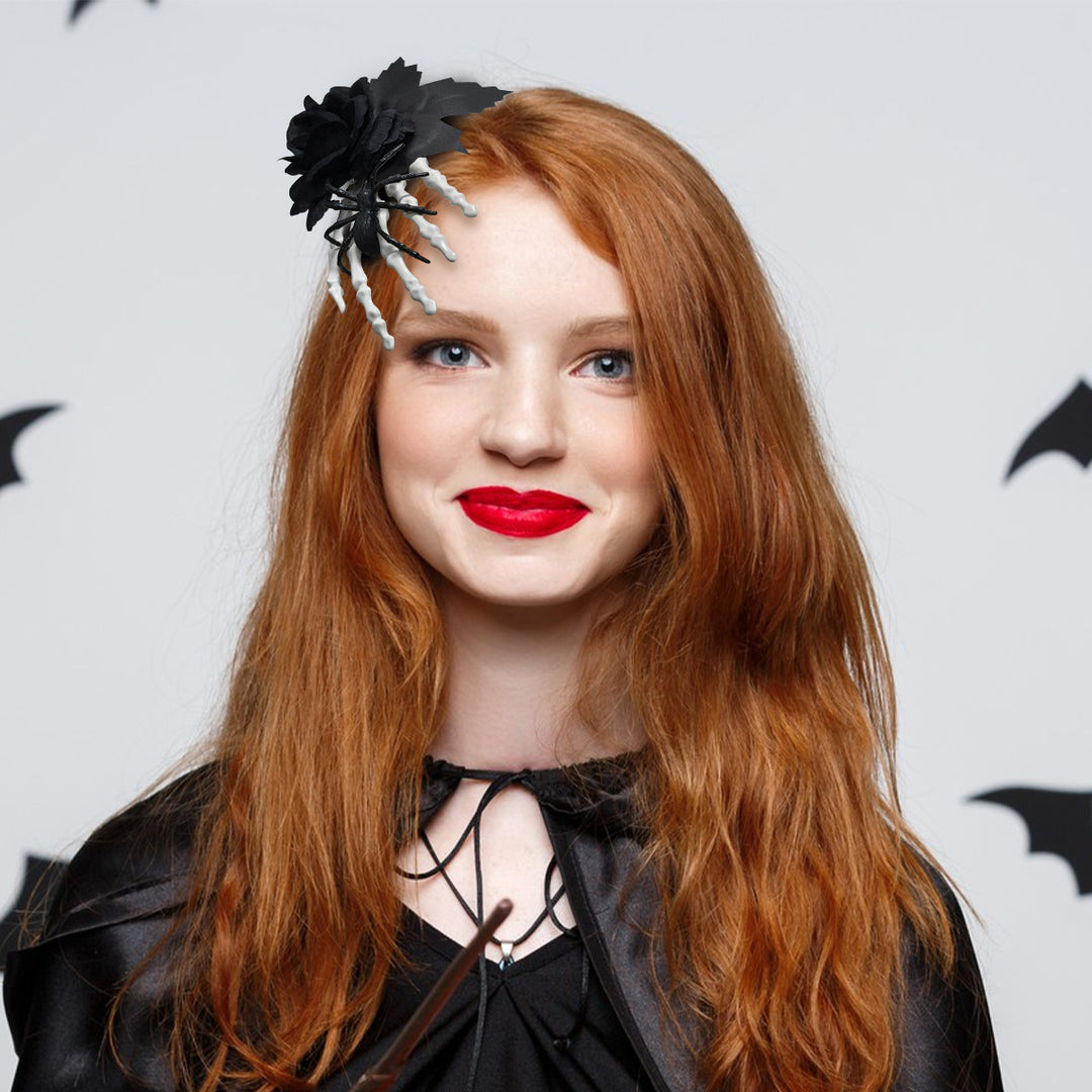 Gothic hair clip with fabric rose, skeleton fingers, and spider appliqué