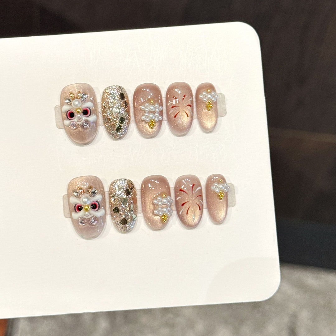Artistic Press-On Nail Art Set with 3D Floral Accents