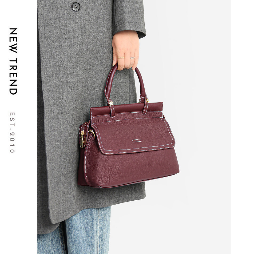 Top-Handle Pebbled Leather Satchel with Contrast Stitching