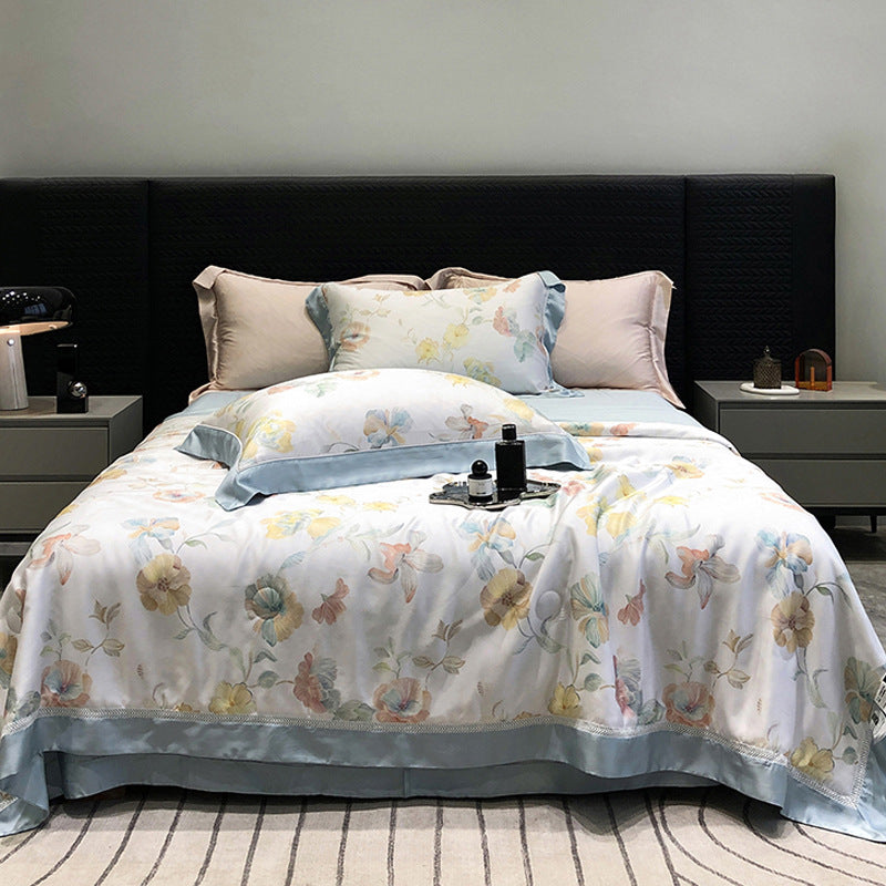 Luxurious cotton satin bedding set with floral watercolor print and fine satin trim