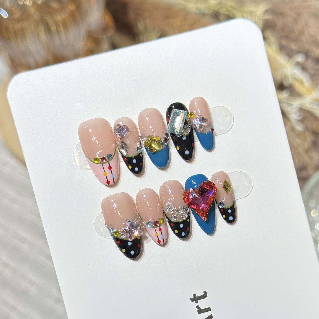 Artistic Press-On Nail Set with Colorful Jewel Accents Kalsten