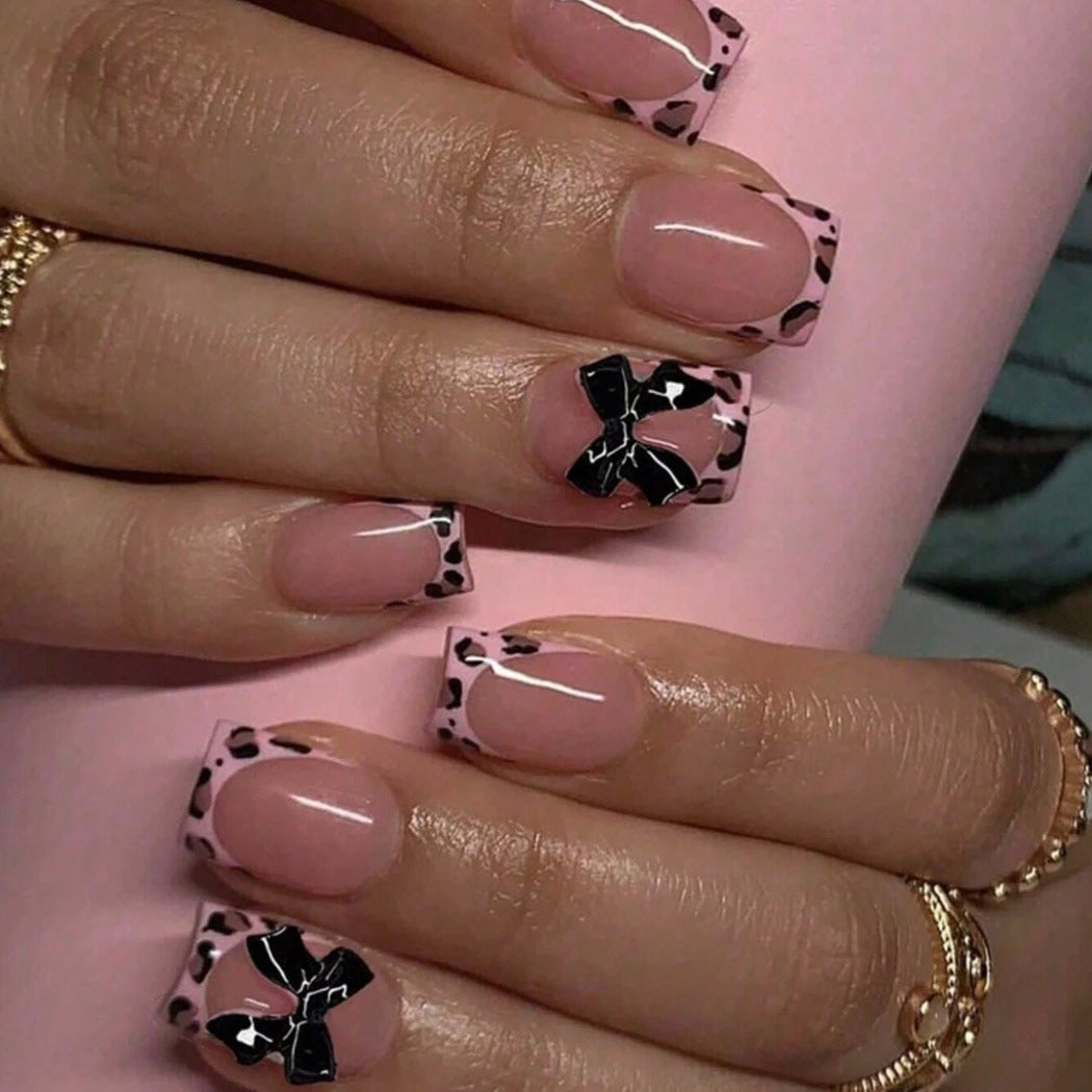 Artificial nail set with elegant 3D bows and leopard design Kalsten