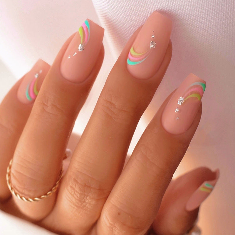 Artistic Press-On Nail Set with Colorful Wave Patterns kalsten