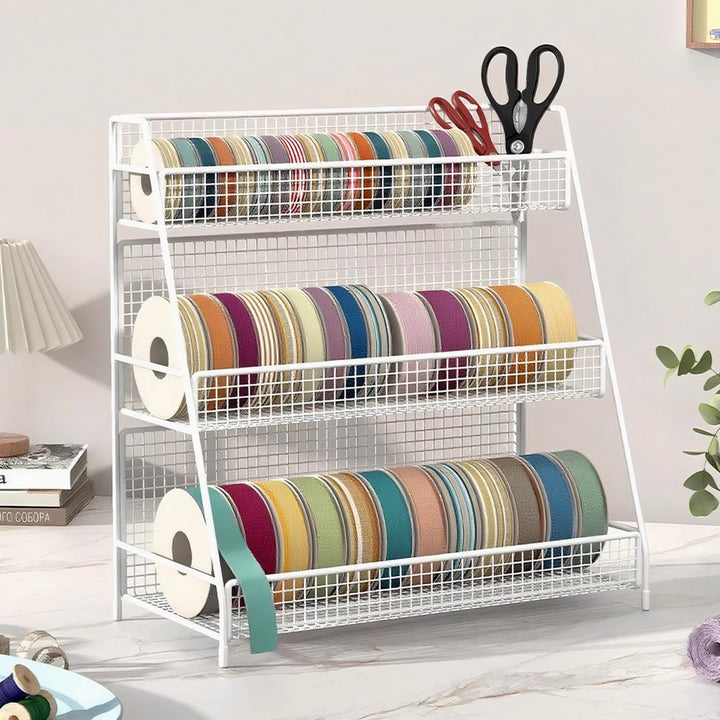 Angled Multi-Tier Spool and Tape Storage Rack with Wire Mesh Baskets