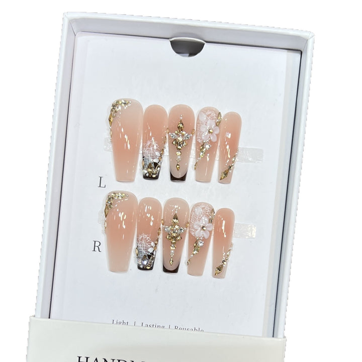 Artistic Reusable Press-On Nail Set with Floral and Gold Accents Kalsten