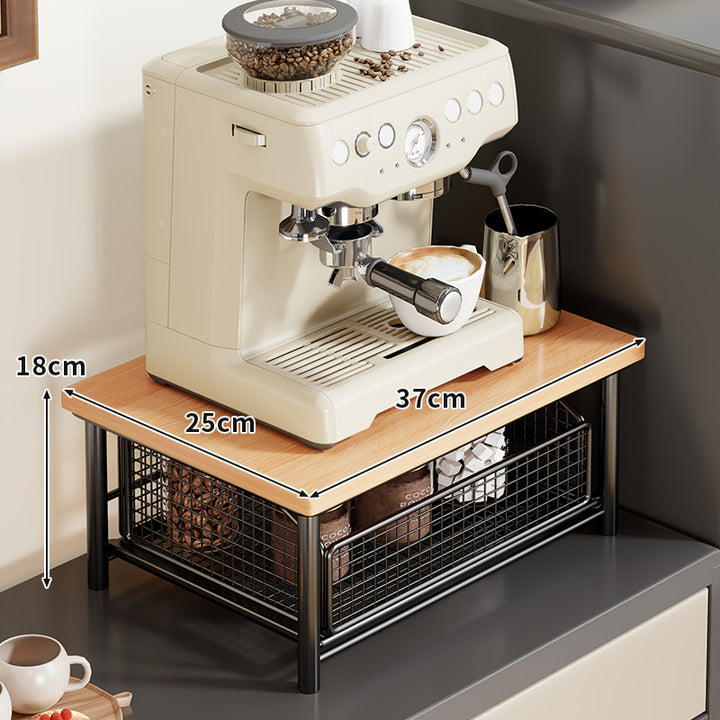 Compact Two-Tier Countertop Coffee Station Organizer with Wooden Top and Slide-Out Wire Mesh Baskets