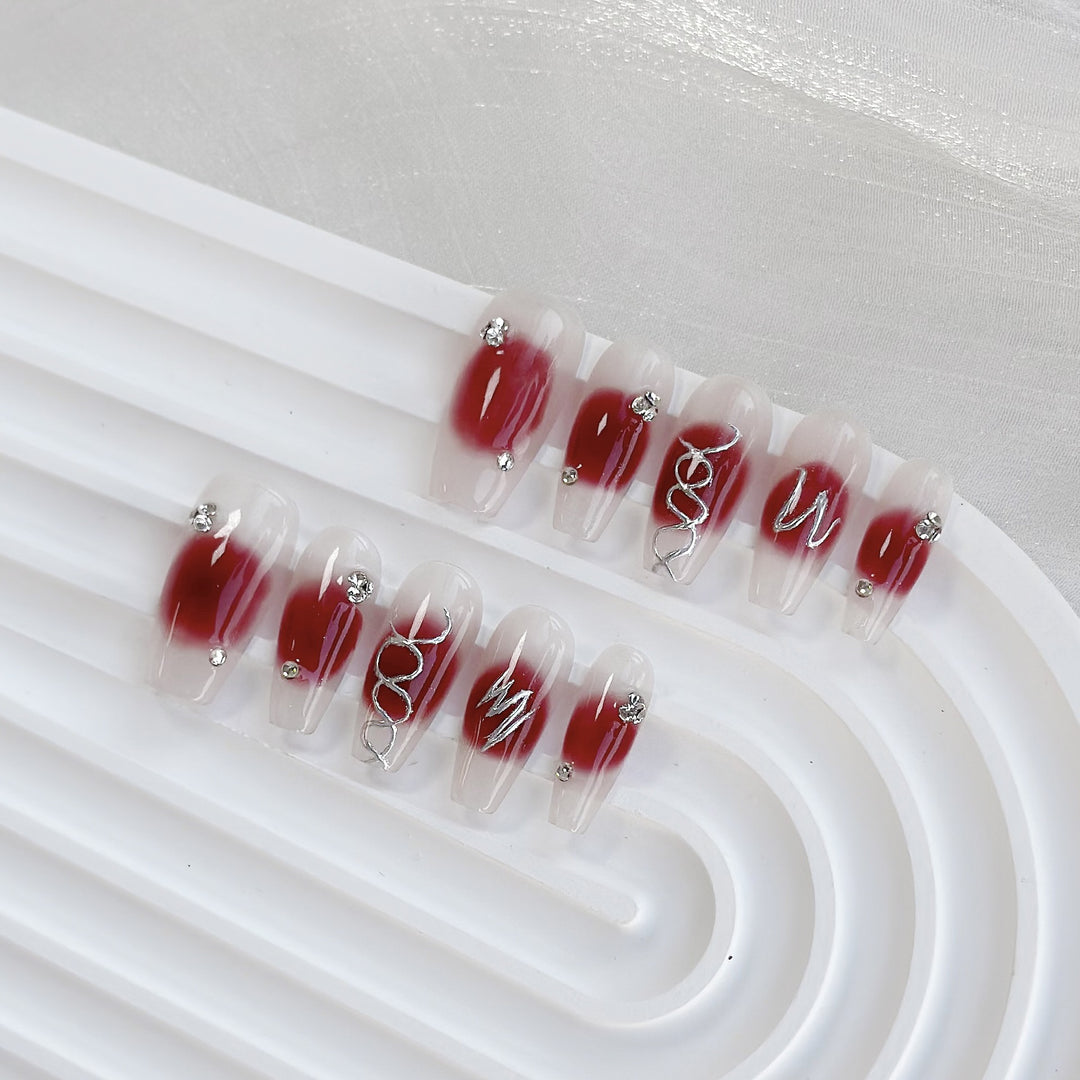 Artistic Press-On Nail Set with Decorative Gems