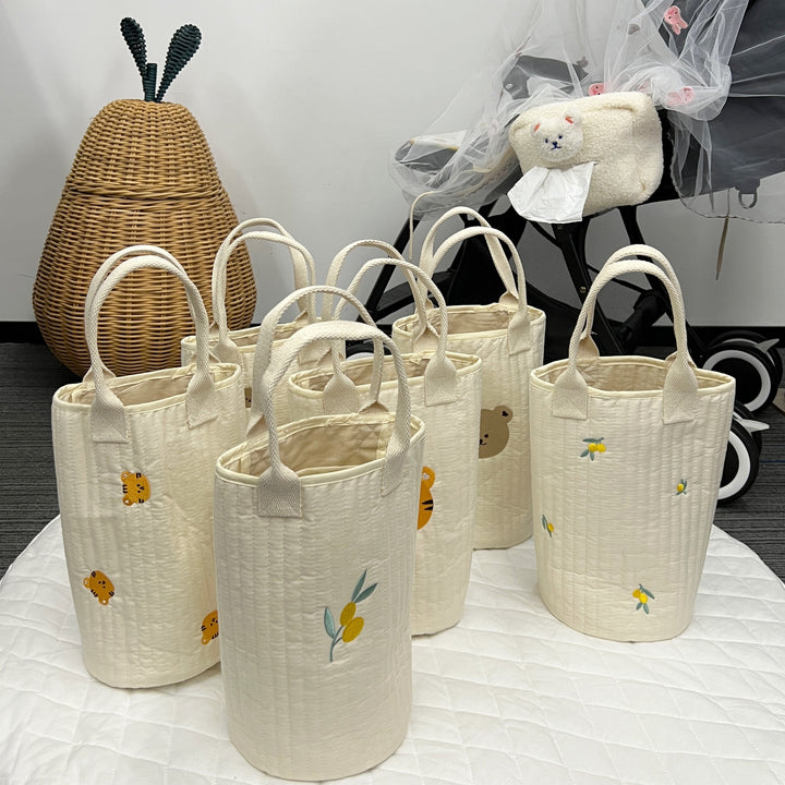 Quilted Cotton Canvas Tote Bag with Embroidered Lemon Motif and Short Webbing Handles